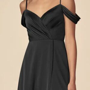 Azazie Ocean Black Flowy V-Neck Pleated Stretch Satin Dress, Custom Size